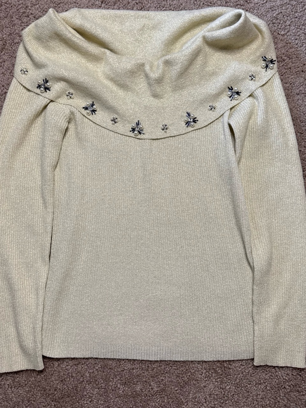 Lauren Michelle Cream Metallic Off-Shoulder Sweater with Bead Embellishments